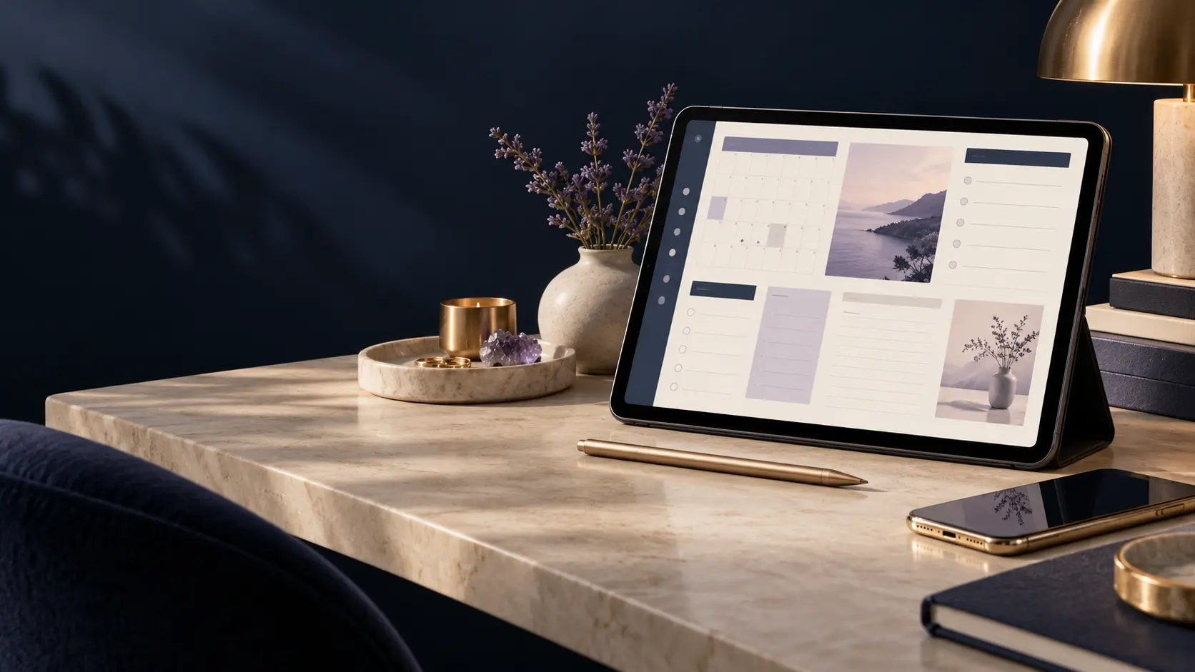 Premium digital planner displayed on a tablet in an elegant workspace